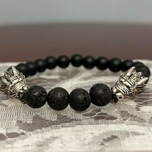 Silver Tone Dragon w/ Black Onyx and Natural Lava Stone Bracelet